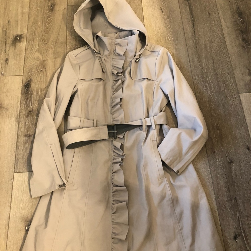 Women Guess Rain Jacket Trench Coat Silver Gray Spring Belt Large Zip Up Ruffle